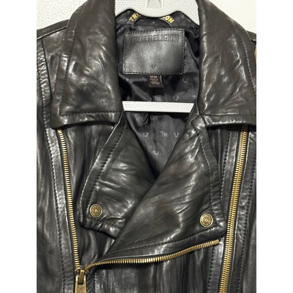 True Religion Black Genuine Lambskin Leather Double Zip Moto Jacket Rare Medium - Picture 5 of 13